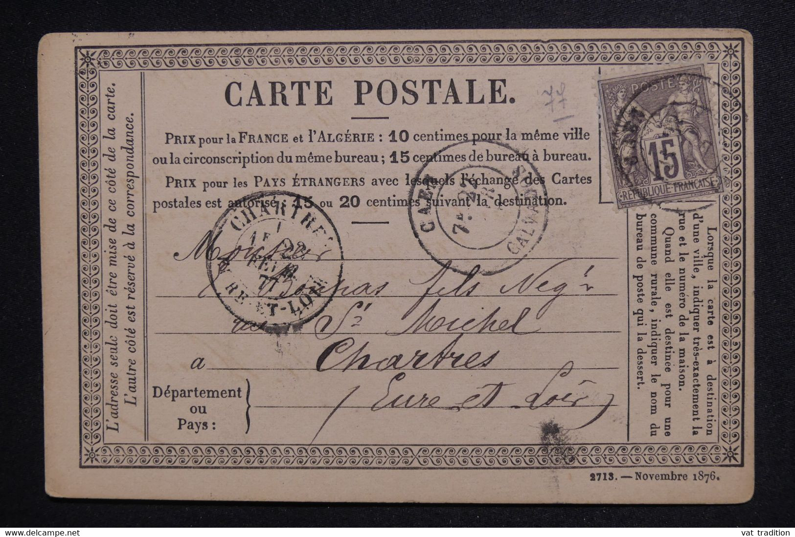 FRANCE - Carte Précurseur De Caen Pour Chartres En 1877 Avec étiquette Commerciale Au Verso  - L 128273 - Vorläufer