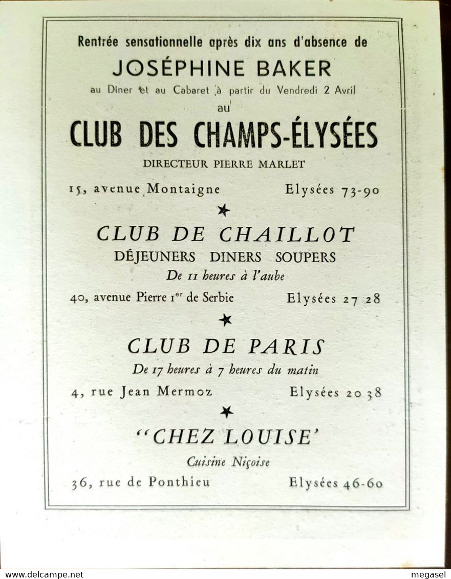 Flyer Ancien Photo De Joséphine Baker Rentrée Club Des Champs Elysées - Other & Unclassified