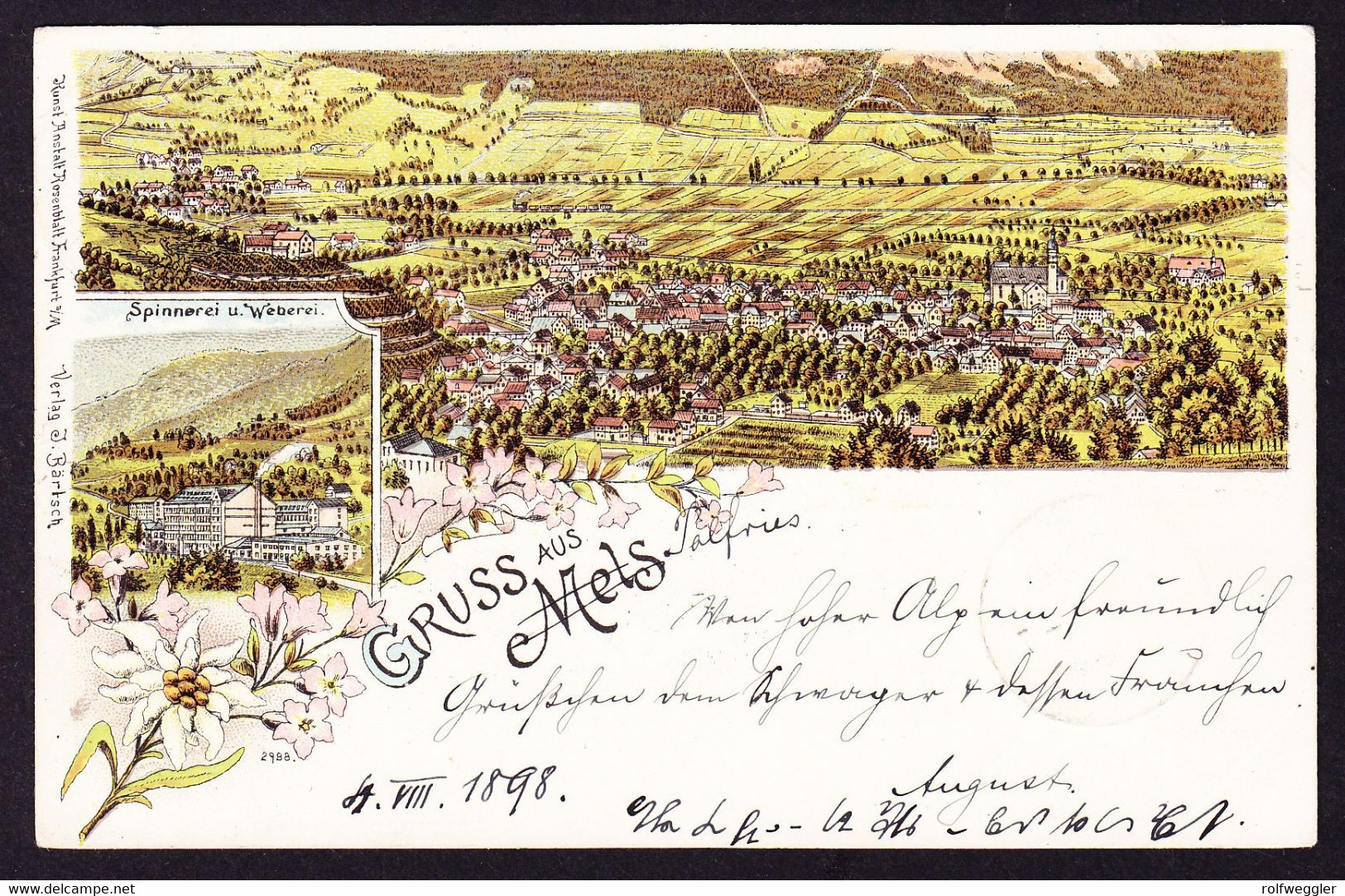 1898 Gelaufene Litho AK: Gruss Aus Mels Von Handdurchgestrichen Palfries. Gestempelt Azmoos Nach Veltheim - Mels