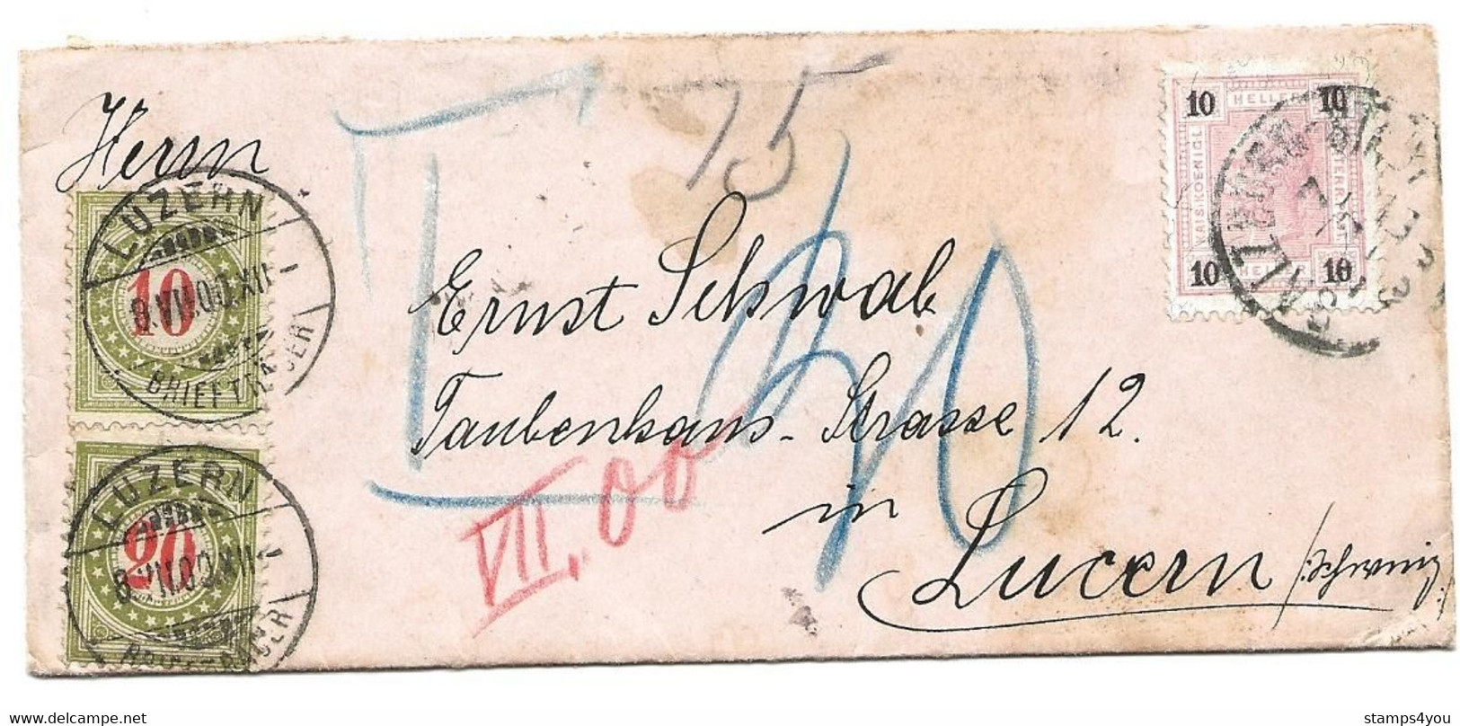 104 - 53 - Enveloppe Envoyée D'Autriche En Suisse - 2 Timbres Suisses Taxe 1900 - Portofreiheit