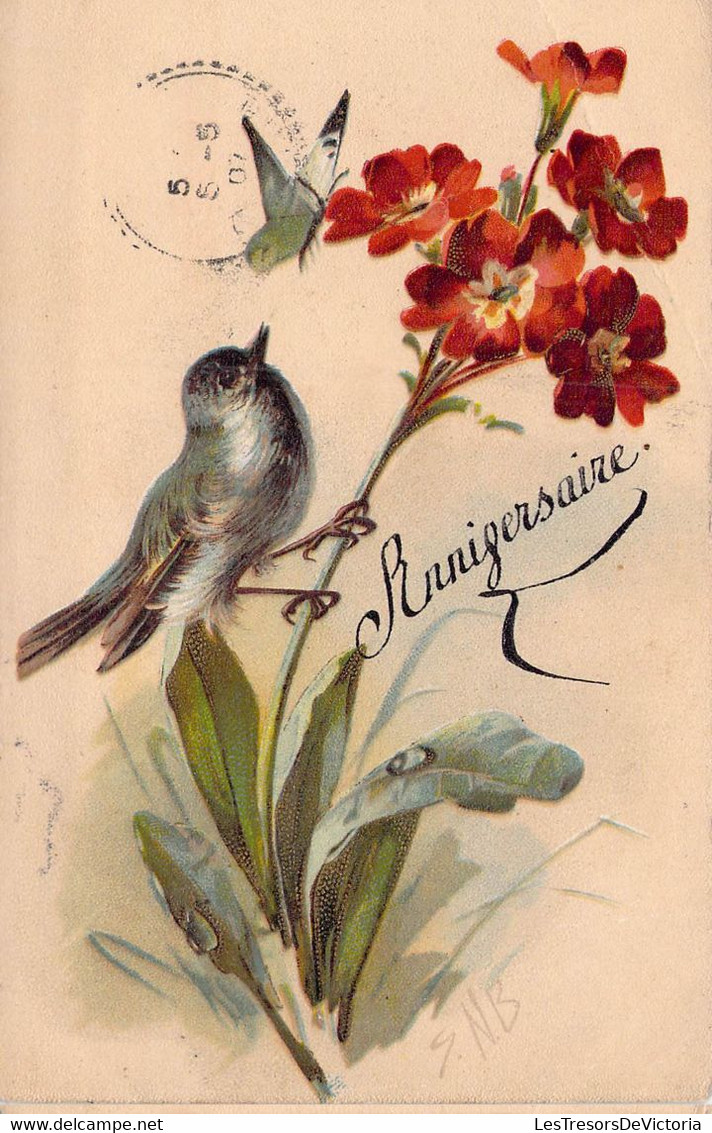 CPA - OSIEAUX - Oiseau Et Papillon Posé Sur Une Branche De Fleur Rouge Et Jaune - SNB - KF Editeur - Birds