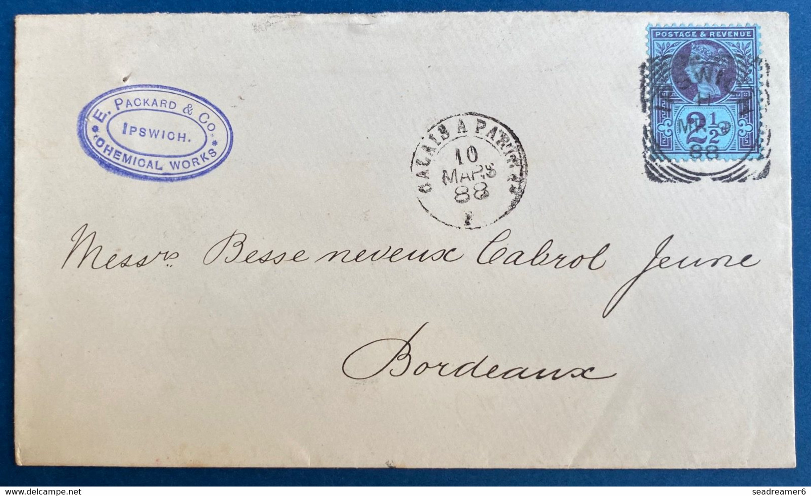 Grande Bretagne Lettre Mars 1888 Dateur D'Ipswich Pour Bordeaux N°95 + Dateur Ligne " Calais à Paris 1e " SUP - Briefe U. Dokumente