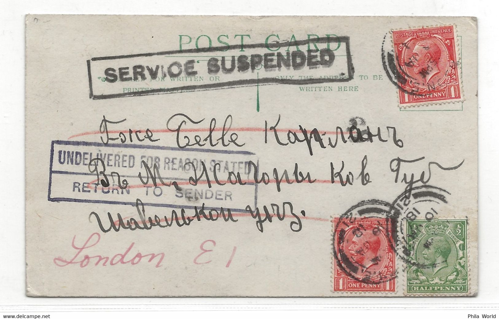 WW1 1918 GREAT BRITAIN London Postcard SERVICE SUSPENDED SUSPENDU Undelivered Reason Stated Return To Sender - Cartas & Documentos