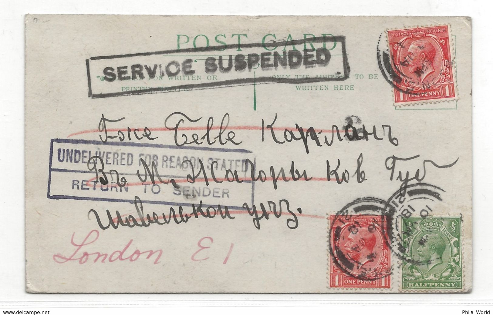 WW1 1918 GREAT BRITAIN London Postcard SERVICE SUSPENDED SUSPENDU Undelivered Reason Stated Return To Sender - Covers & Documents
