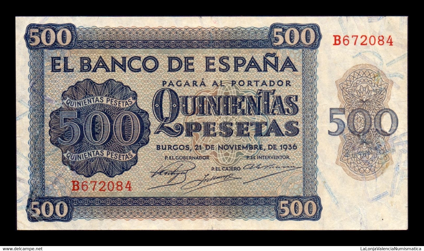 España Spain 500 Pesetas Burgos 1936 Pick 102 Serie B MBC VF - 500 Pesetas