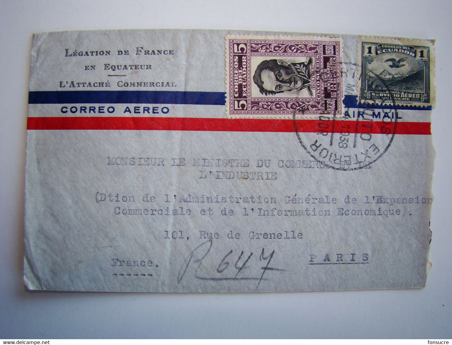 Recommandé Légation De France En Equateur Au Ministre Commerce Industrie Quito Certificados Exterior New York Paris 1938 - Other & Unclassified