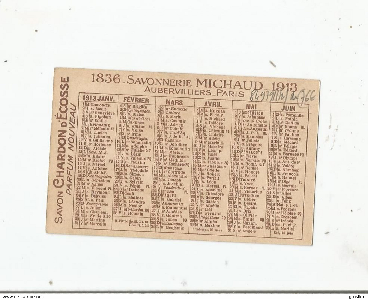 CARTE PARFUMEE CALENDRIER CHARDON D'ECOSSE DE MICHAUD PARIS 1913 - Anciennes (jusque 1960)