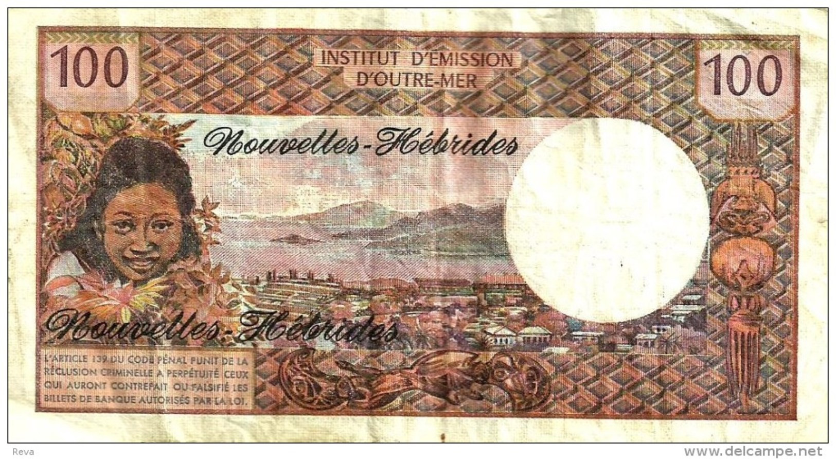 VANUATU NEW HEBRIDES 100 FRANCS WOMAN FRONT WOMAN SHIP BACK ND(1975) SIGN 2 P18c VF+ READ DESCRIPTION - Vanuatu