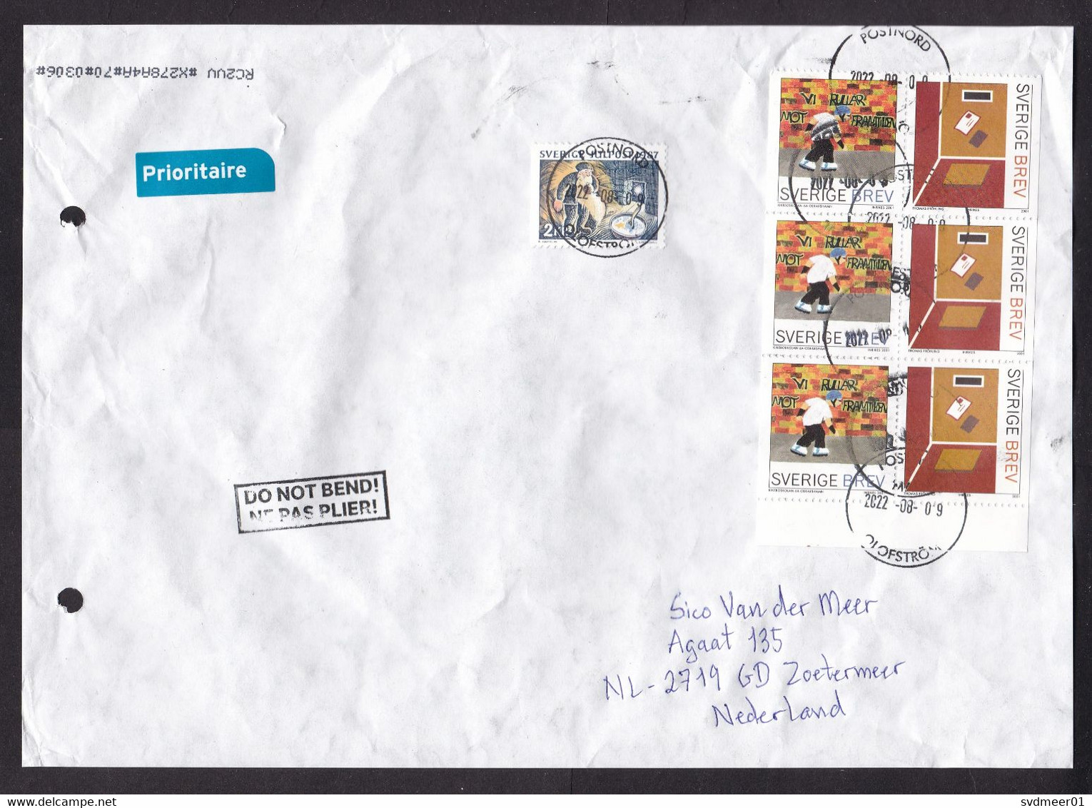 Sweden: Parcel Fragment (cut-out) To Netherlands, 2022, 7 Stamps, Booklet Pane, Roller Skating, Graffiti (minor Damage) - Brieven En Documenten