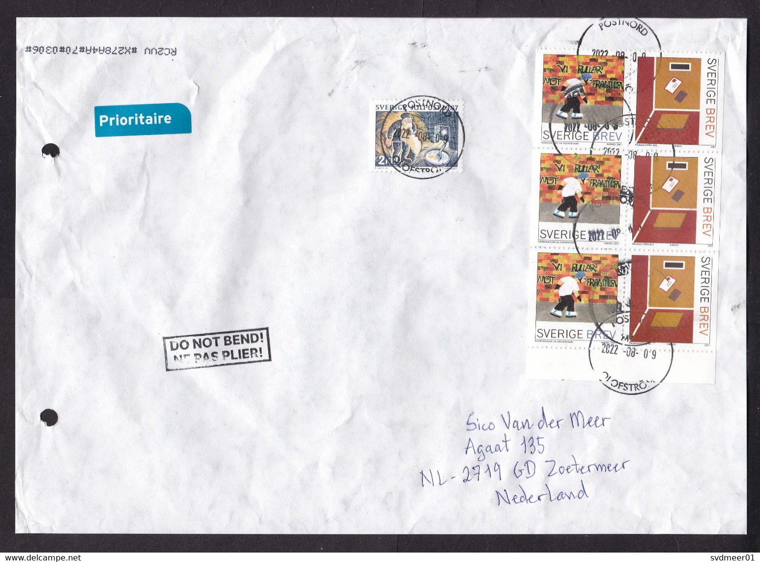 Sweden: Parcel Fragment (cut-out) To Netherlands, 2022, 7 Stamps, Booklet Pane, Roller Skating, Graffiti (minor Damage) - Briefe U. Dokumente