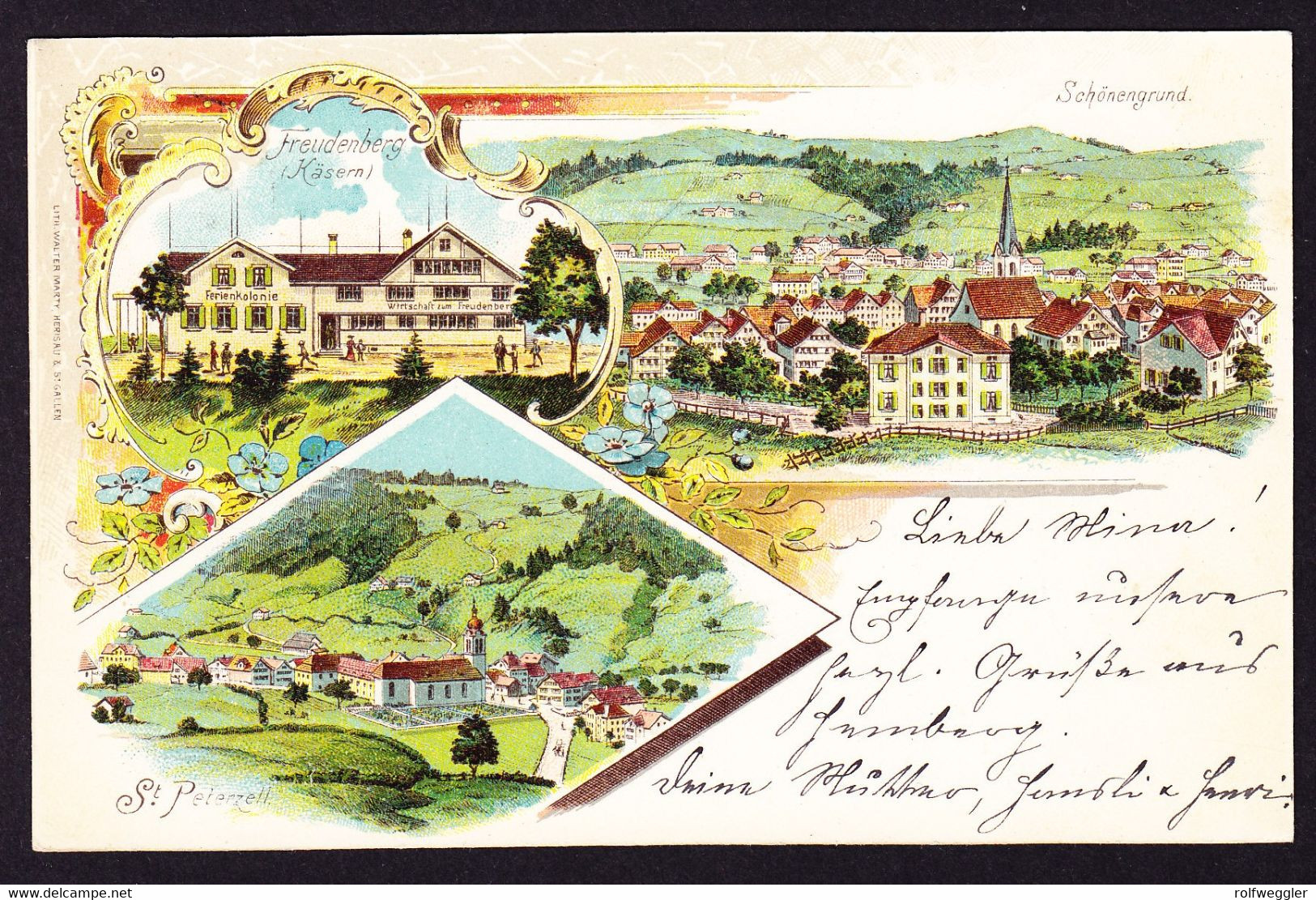 1898 Gelaufene Litho AK, 3 Bildrig, Freudenberg Ferienkolonie, St. Peterzell Und Schönengrund. Gestempelt Hemberg Nach - Hemberg