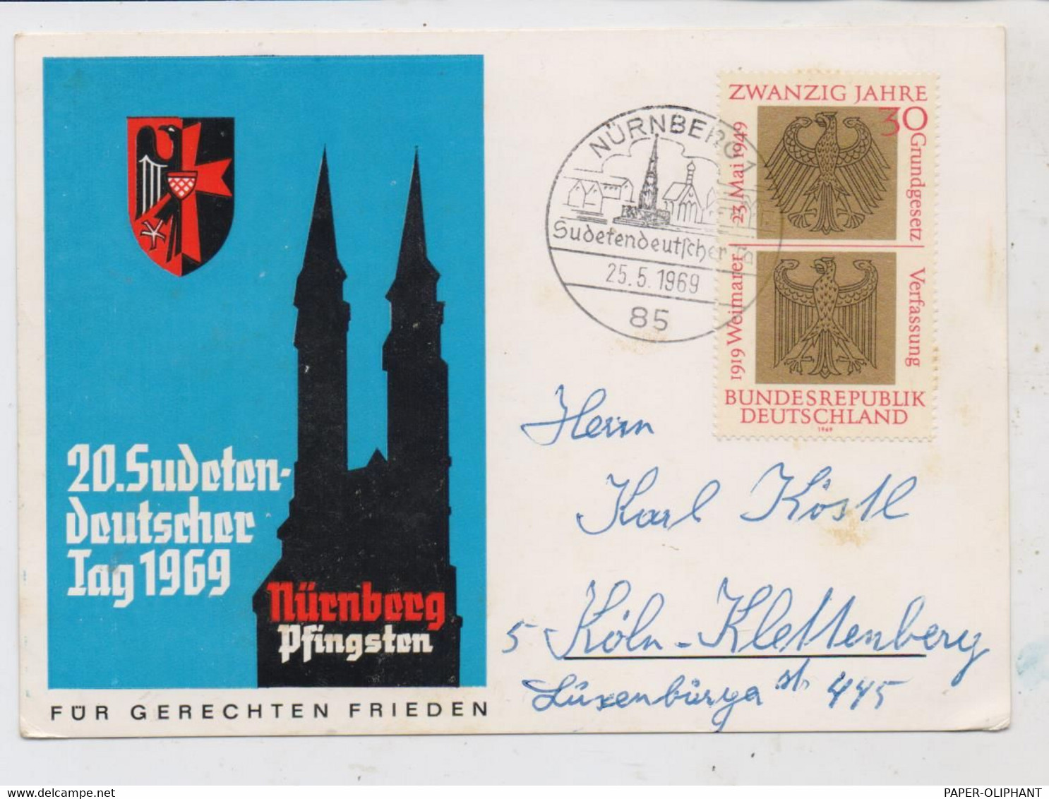 SUDETEN - 20. Sudetendeutscher Tag 1969 Nürnberg, Sonderpostkarte - Sudeten