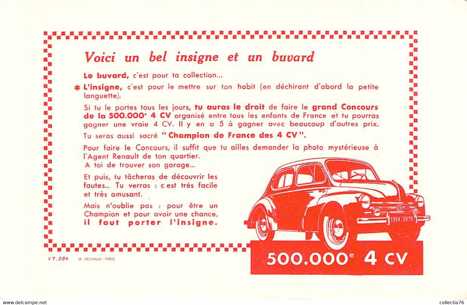 VIEUX PAPIERS BUVARD 21 X 13 CM RENAULT GRAND CONCOURS 500000 E 4 CV RENAULT - Automobile