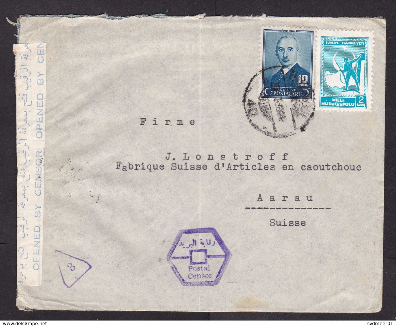 Turkey: Cover To Switzerland, 1945, 2 Stamps, Via Egypt & Portugal, Egyptian Censor Label, War (minor Damage, Fold) - Briefe U. Dokumente