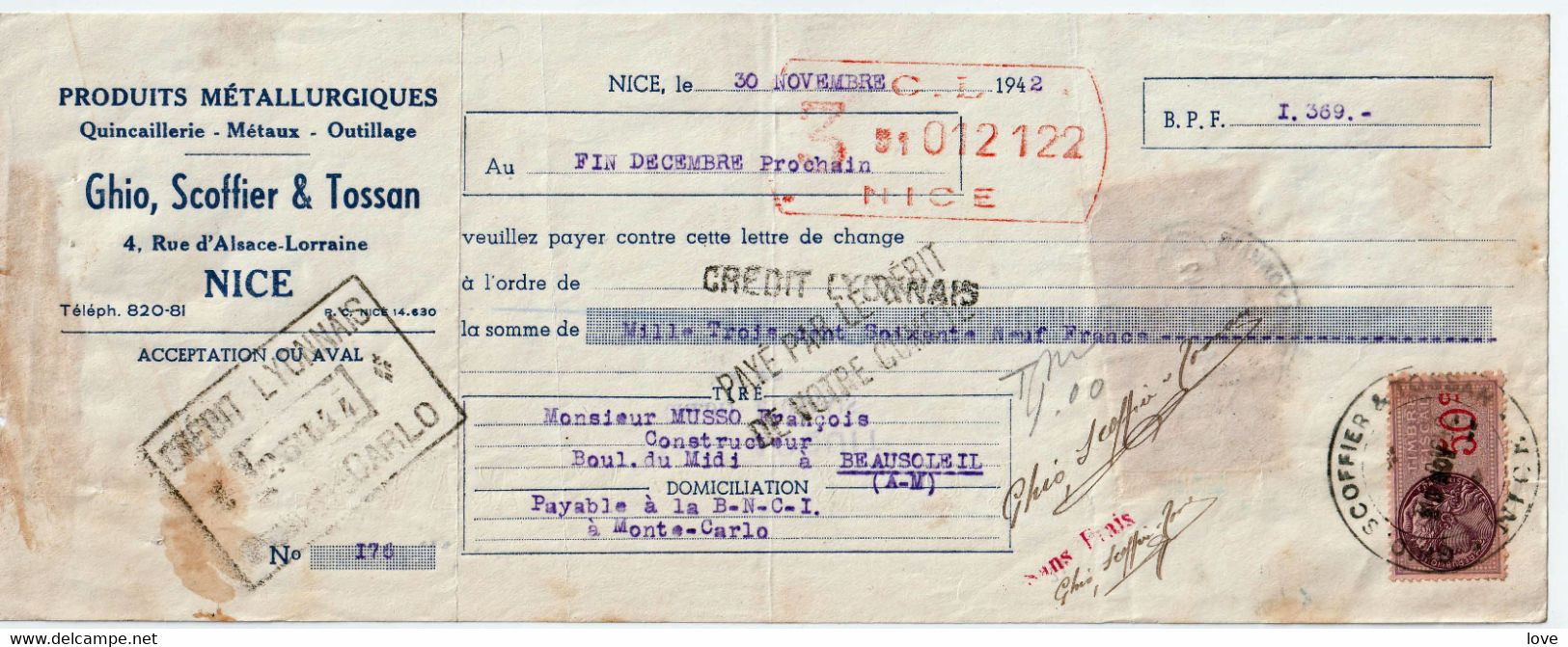 MONACO: Monnaie- Matières Sur Une Facture De M. Musso Du 30/11/1942 Avec Sa Lettre De Change, Afft. Fiscal France/Monaco - Monaco