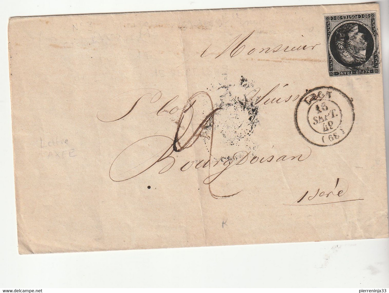 Lettre Avec Cérès N°3, 20c Noir + Taxe 2, Lyon, Septembre 1849 - 1849-1850 Ceres