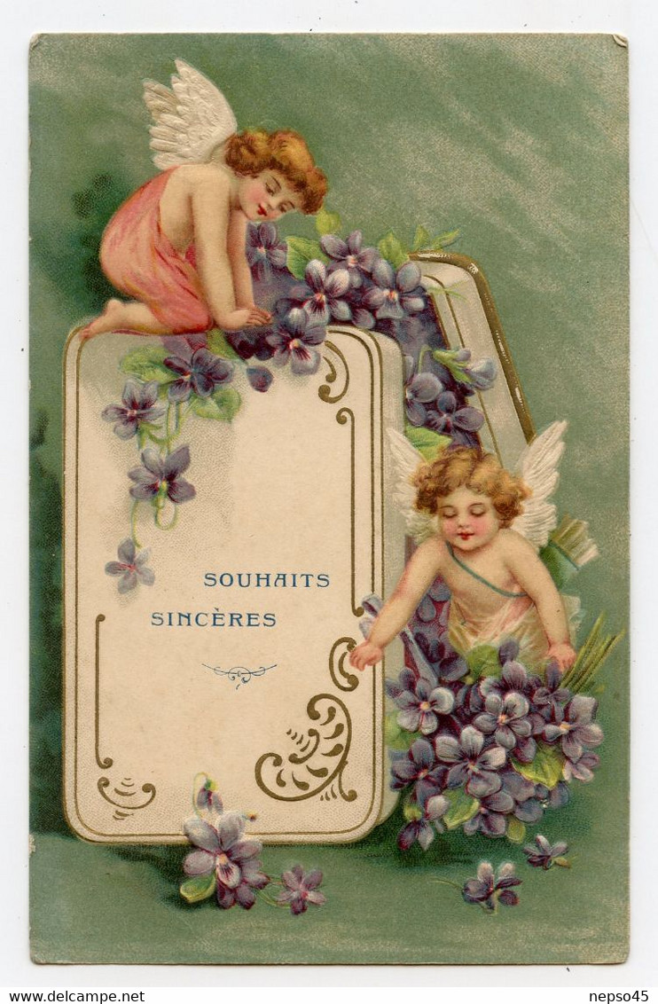 Souhaits Sincères.Anges.angels.Violettes.carte Gaufrée.embossed. - Angels