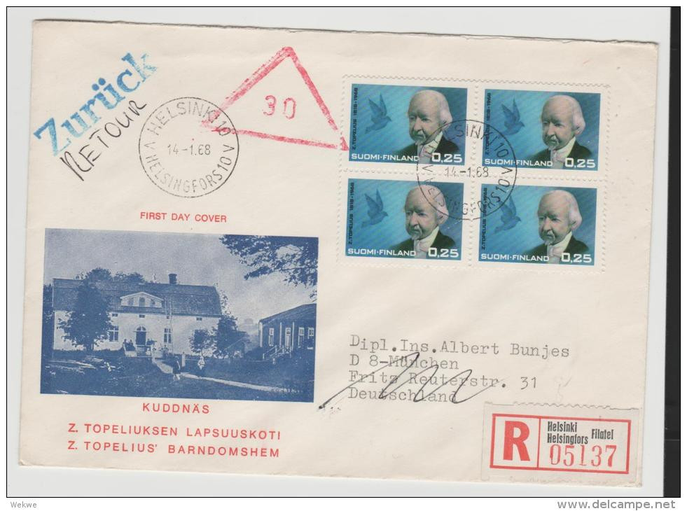 SF-M029/ FINNLAND -  Zacharias Topelius Mit Lerche, FDC, 1968 Per Einschreiben Nach Deutschland - Brieven En Documenten