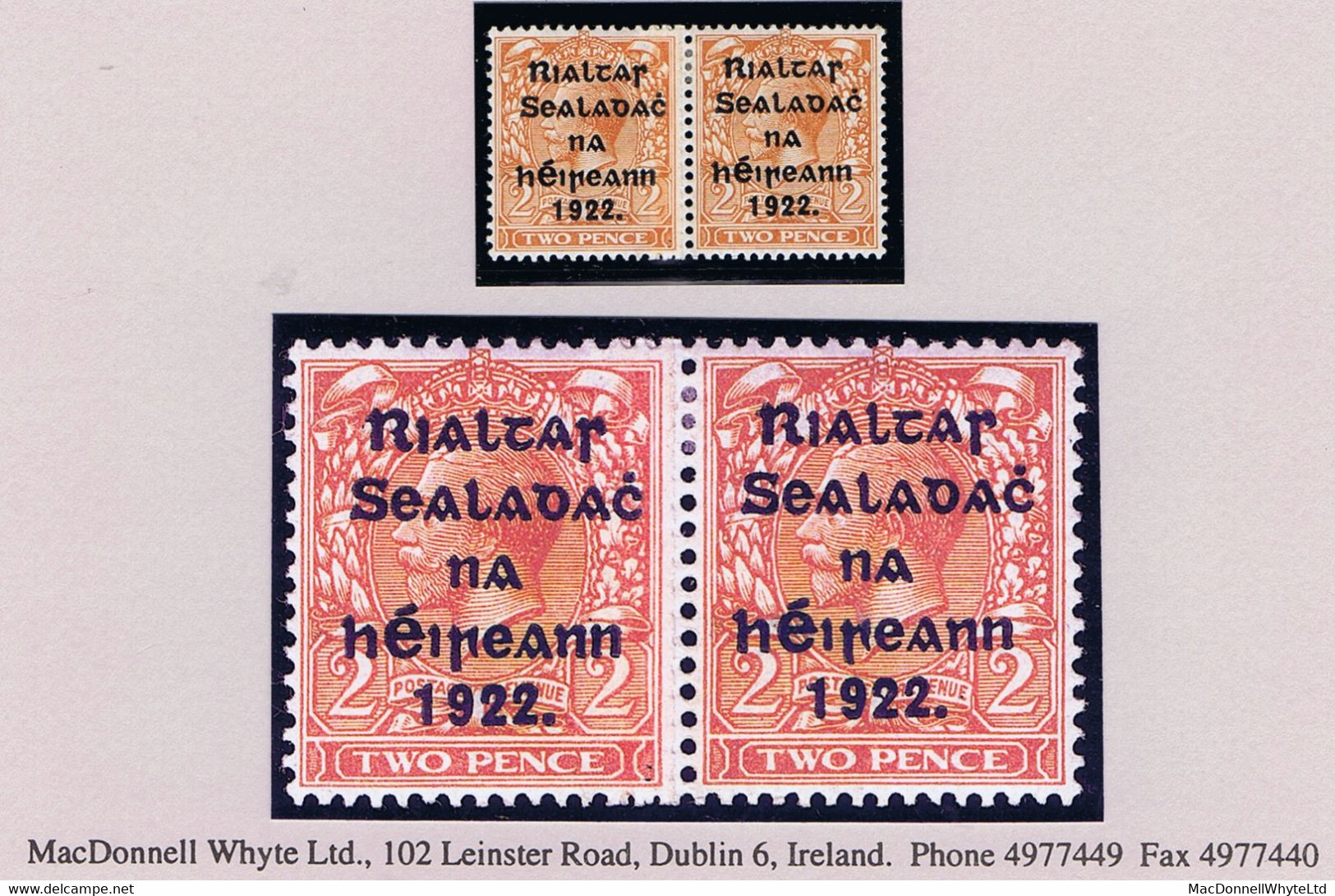 Ireland 1922 Harrison Rialtas 5-line Coils, 2d Die 2 Horizontal Coil Join Pair Fresh Mint - Ungebraucht