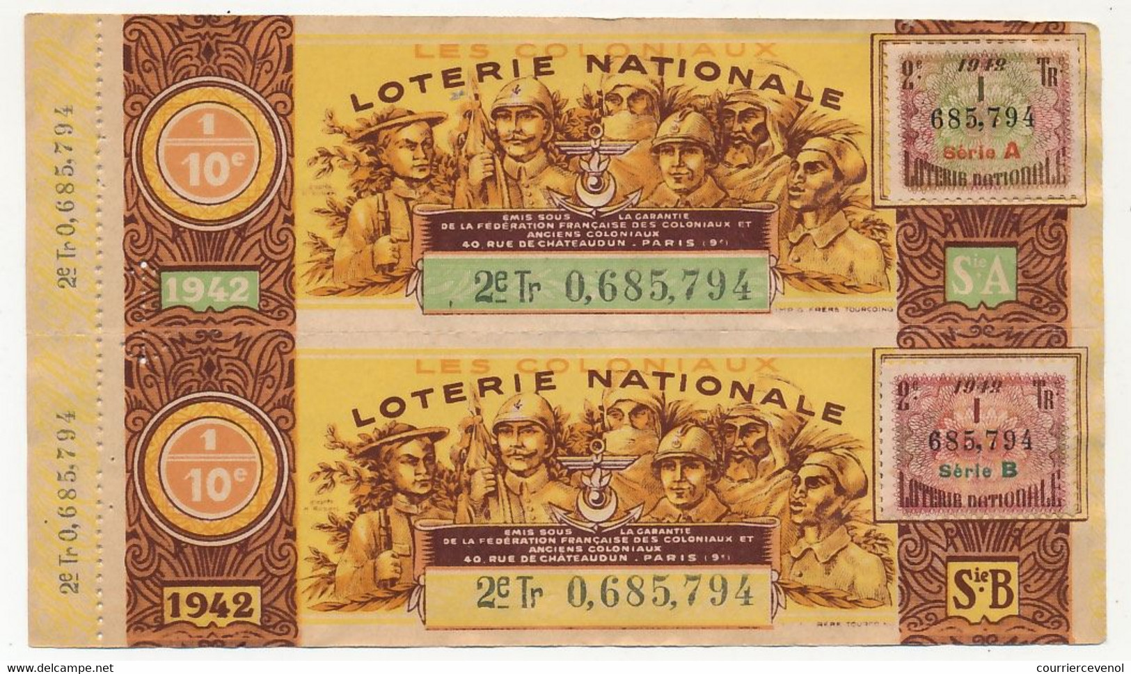 FRANCE - Loterie Nationale - 1/10ème Les Coloniaux - 2eme Tranche 1942 - Série A Et B Se Tenant - Loterijbiljetten