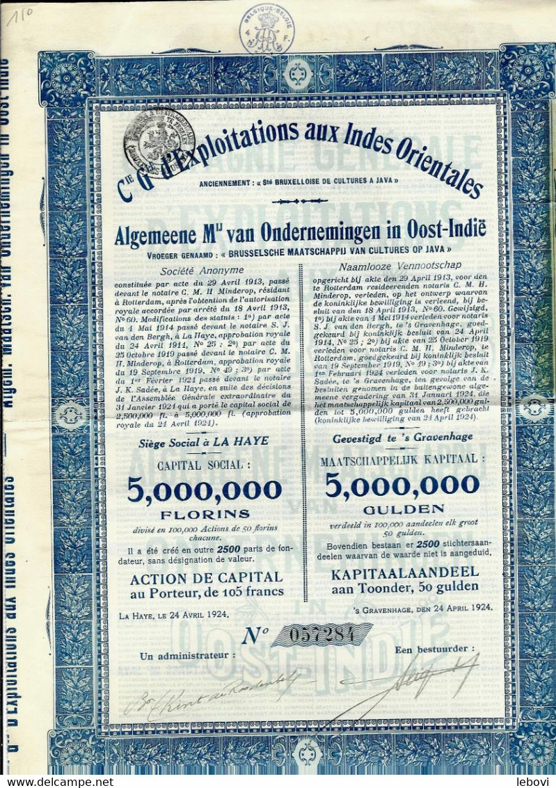 LA HAYE « Cie Générale D’exploitations Aux Indes Orientales » - Action De Capital (5.000.000 Florins) - Agriculture