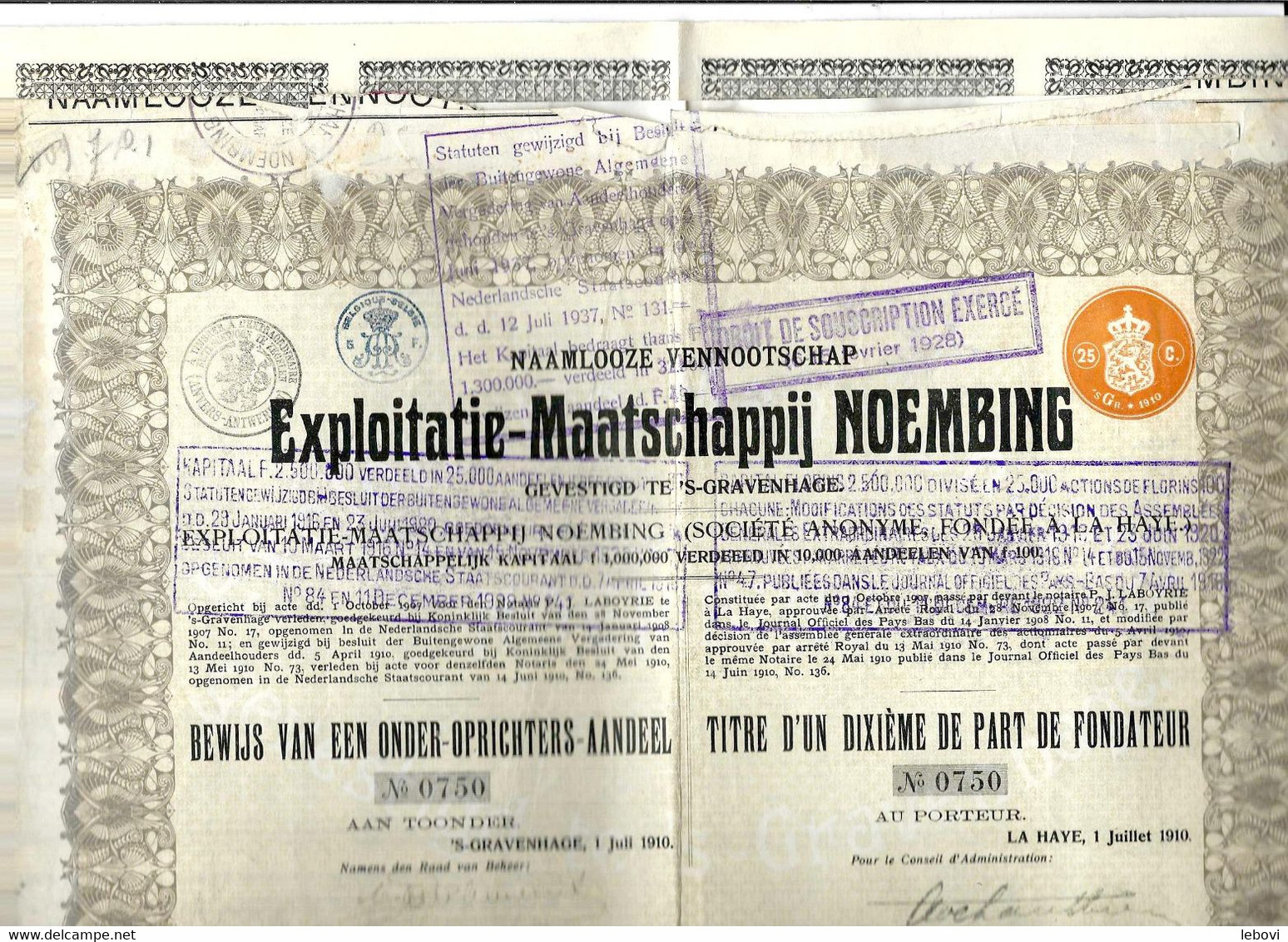 LA HAYE « NV Exploitatie –Maatschappij NOEMBING » (1910) – Titre D’1/10e De Part De Fondateur - Agriculture