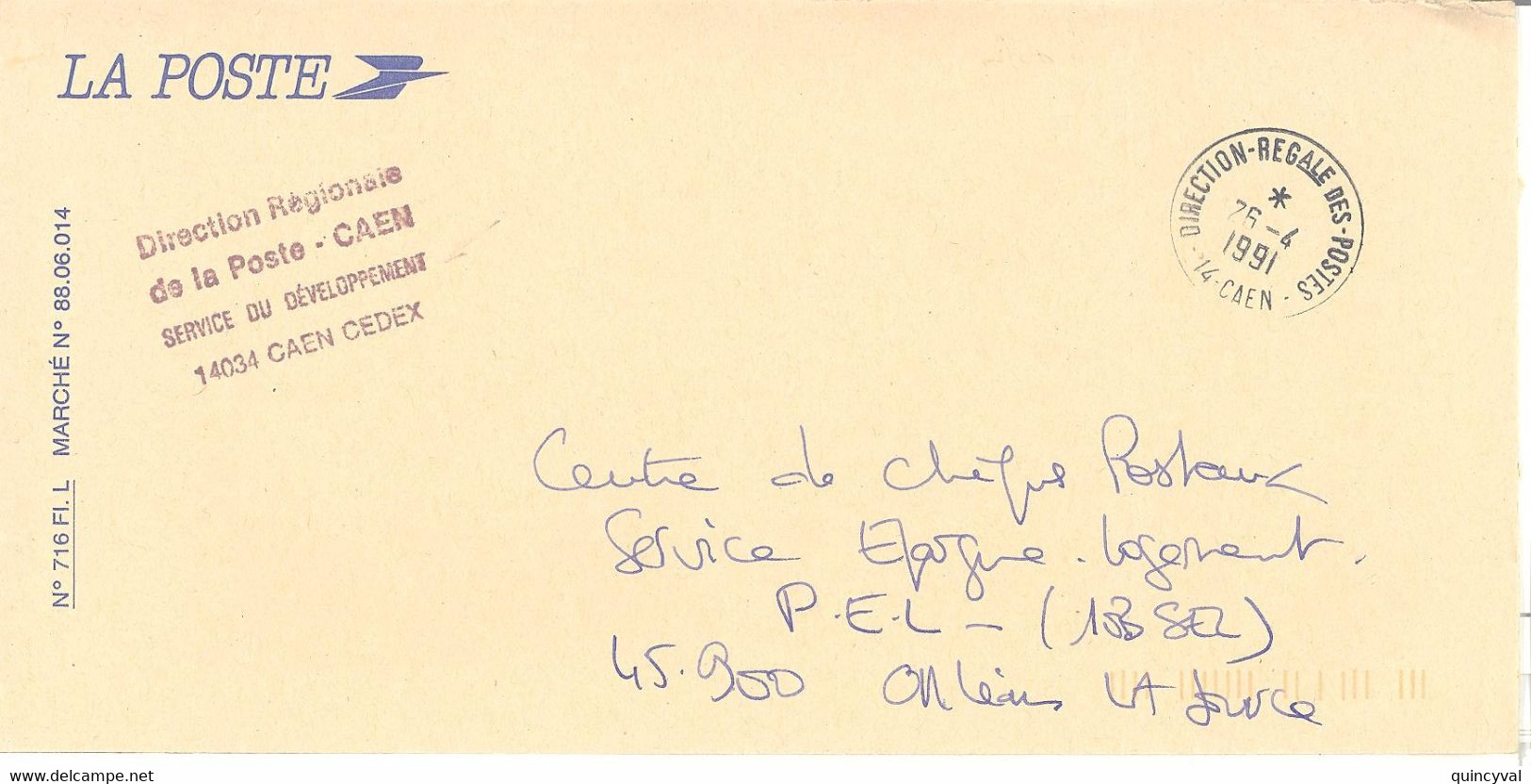 Lettre LA POSTE Franchise Direction Régionale Des POSTES  14  CAEN  Lettre La Poste  Ob 26 4 1991 - 1961-....