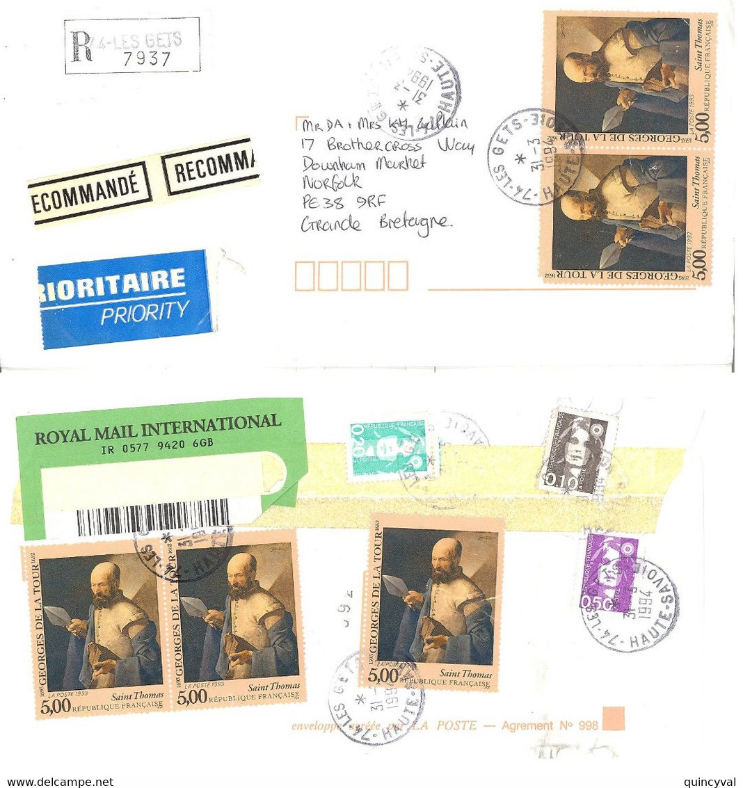 LES GETS 74 Lettre Recommandée Dest Norfolk Grande Bretagne Briat Yv 2617 2618 2619 2828 Etiquette Royal Mail 1994 - Lettres & Documents