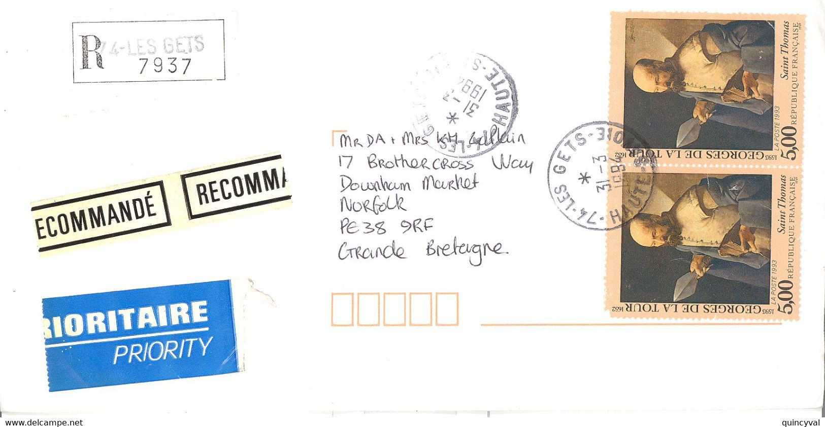 LES GETS 74 Lettre Recommandée Dest Norfolk Grande Bretagne Briat Yv 2617 2618 2619 2828 Etiquette Royal Mail 1994 - Covers & Documents