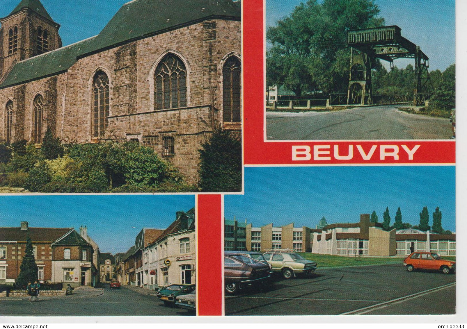 CPSM Beuvry (avec 4 Vues : L'église St-Martin, Le Pont Dominique, La Place R. Salengro, La Maison Ste-Camille) - Beuvry