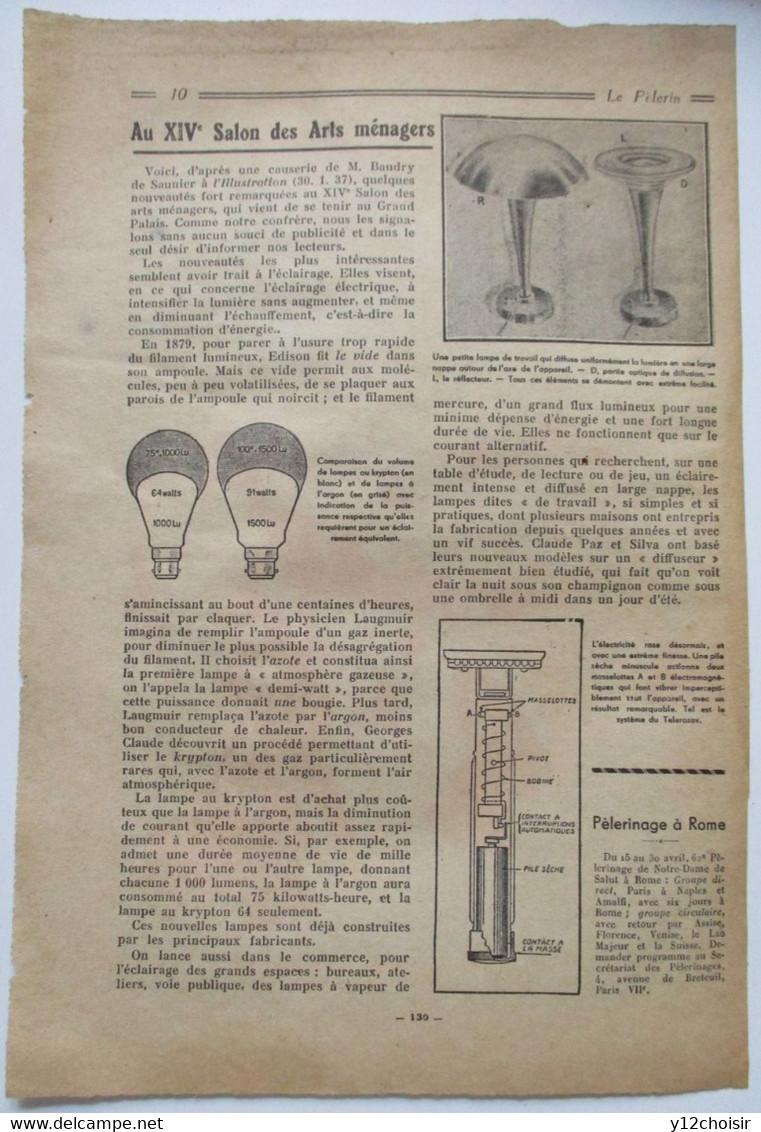 EXTRAIT REVUE LE PELERIN 1939 NOUVEAUTES SALON ART MENAGER LAMPES ELECTRIQUES KRYPTON ET ARGON CINCINNATI INONDATIONS - Matériel Et Accessoires