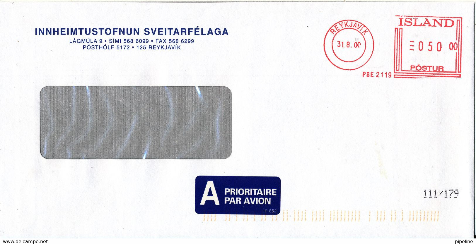 Iceland Cover With Meter Cancel Sent To Denmark Reykjavik 31-8-00 - Lettres & Documents