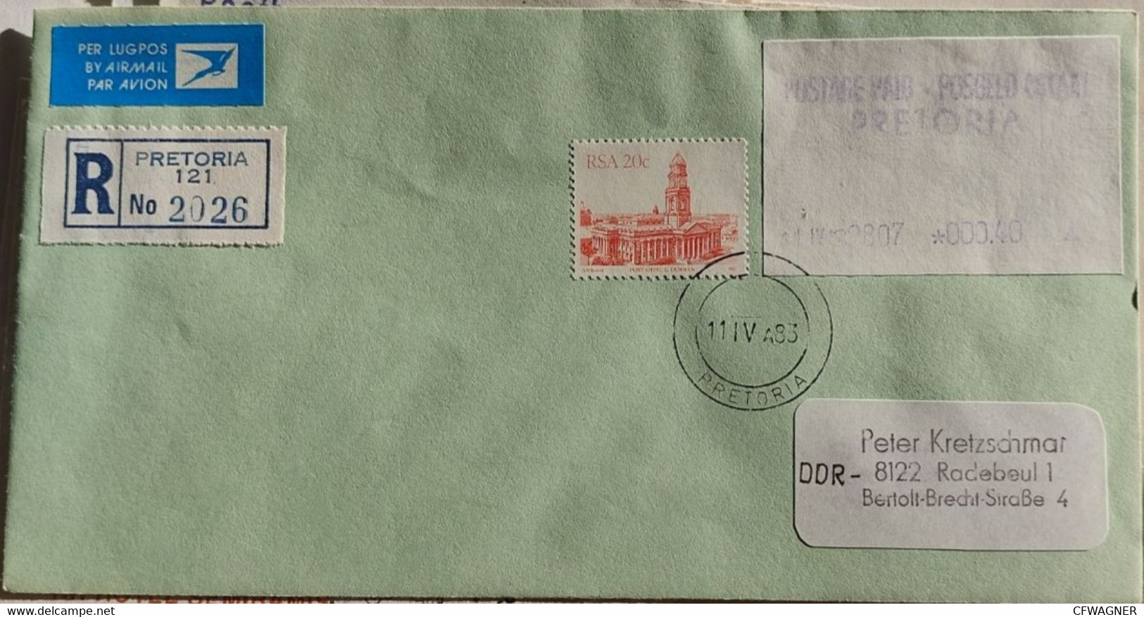 1983 Pretoria Postage Paid LABEL / ATM; Registered Letter To DDR / GDR - Automatenmarken (Frama)
