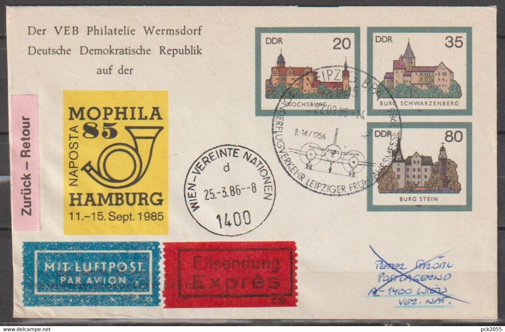 DDR Ganzsache 1985 Nr.PU02/002a Burgen Der DDR Luftpost Leipzig - Wien UNO Antwortstempel( D 3566)günstige Versandkosten - Enveloppes Privées - Neuves