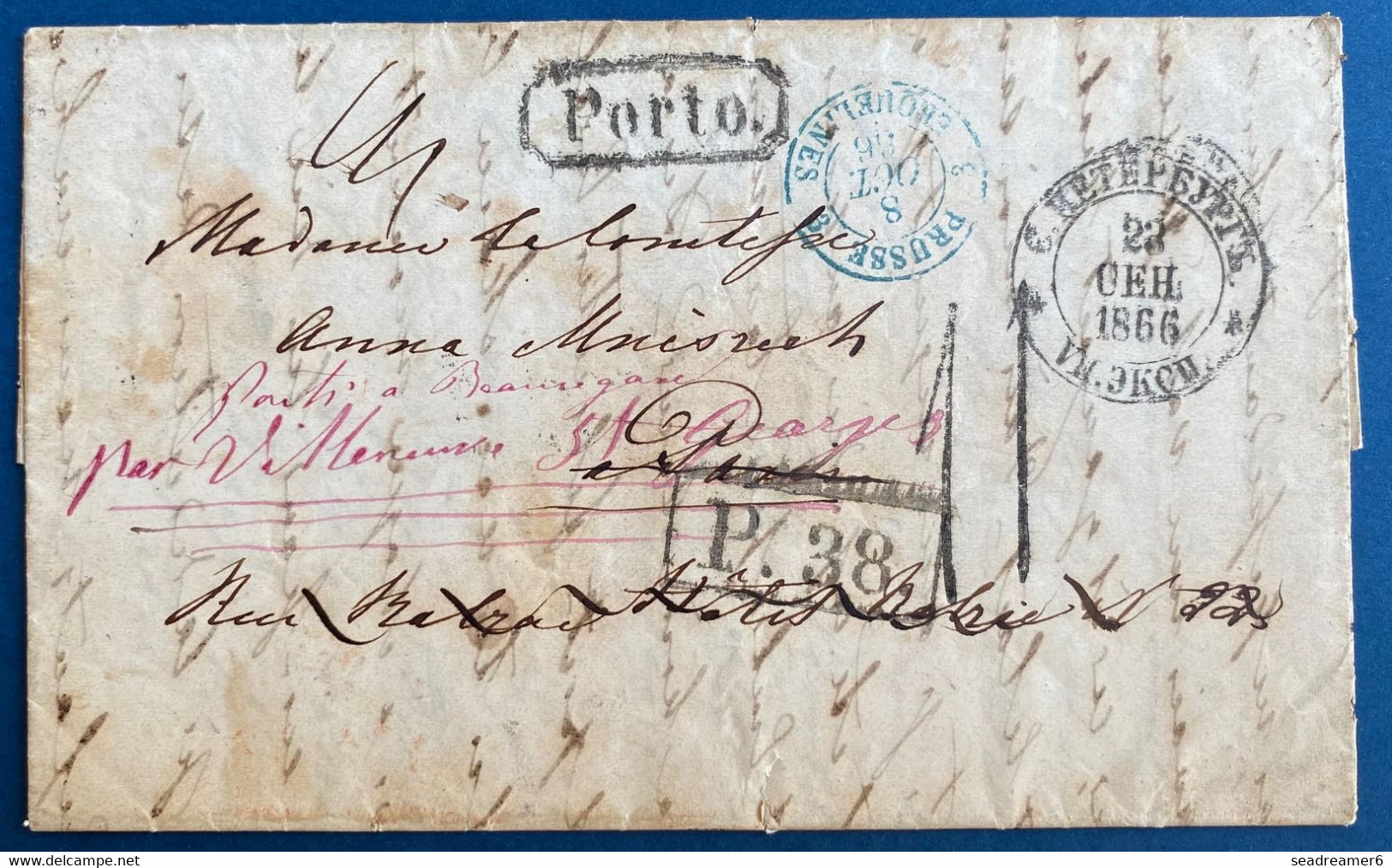 Lettre De 1866 Dateur " St Petersbourg/ 3 Kopeck " + Porto + P38 +au Dos Transit AUS Rusland + St Petersbourg /3 Kopeck - Covers & Documents