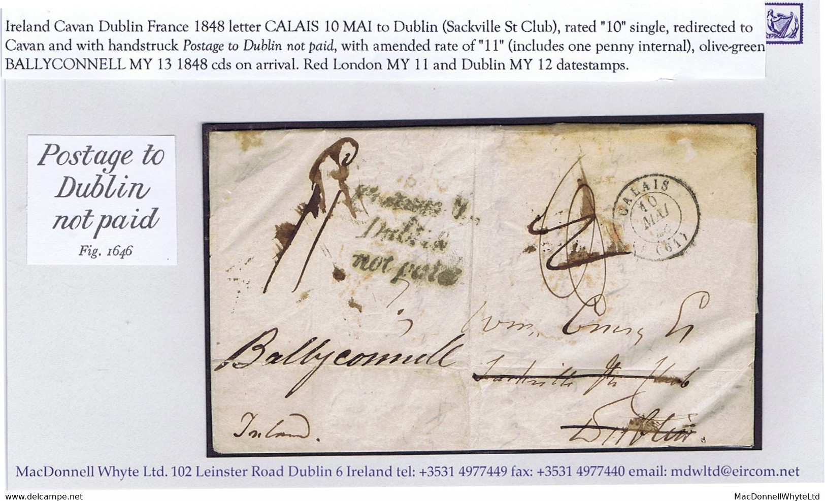Ireland Dublin Cavan France 1848 Letter Calais To Dublin Redirected To Ballyconnell With Hs 'Postage To/Dublin/not Paid' - Prefilatelia