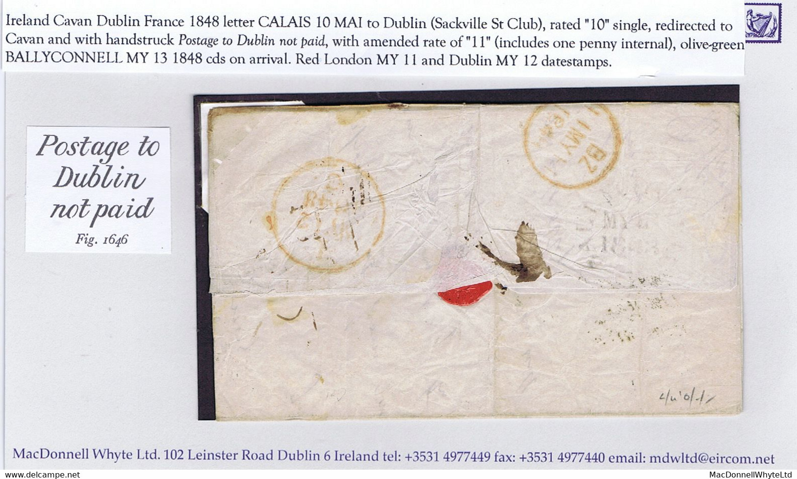 Ireland Dublin Cavan France 1848 Letter Calais To Dublin Redirected To Ballyconnell With Hs 'Postage To/Dublin/not Paid' - Prephilately