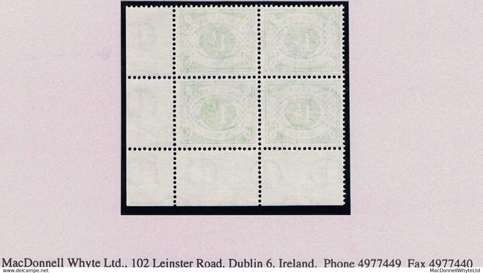 Ireland Postage Due 1940-69 E 1/- Green Watermark Sideways (reading Down) Corner Block Of 4 Mint Unmounted - Segnatasse