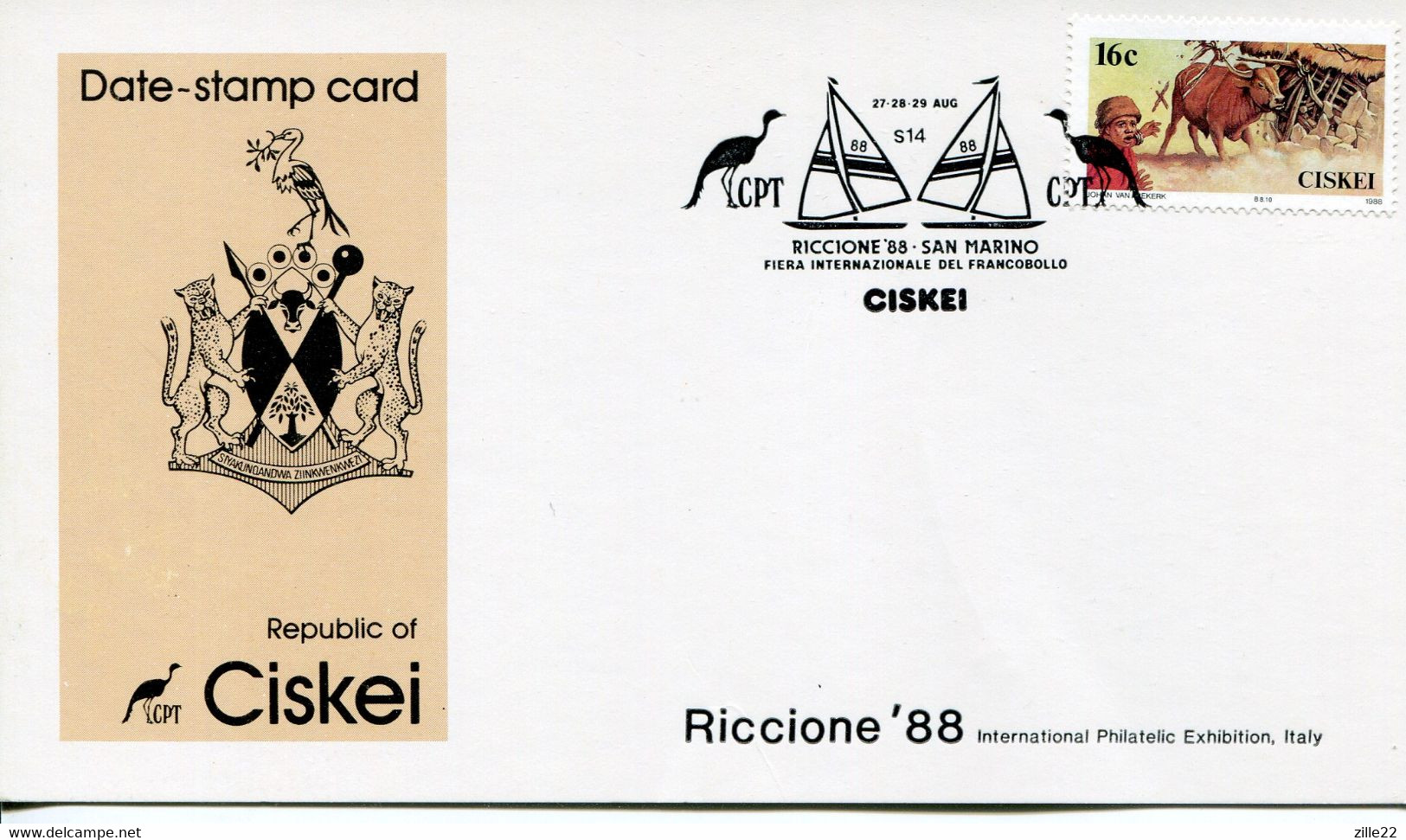 South Africa Ciskei - Date-stamp Card - Stempelkarte - Stylized Bird - Stamp Exhibition, Riccione, Italy, Windsurfing - Ciskei