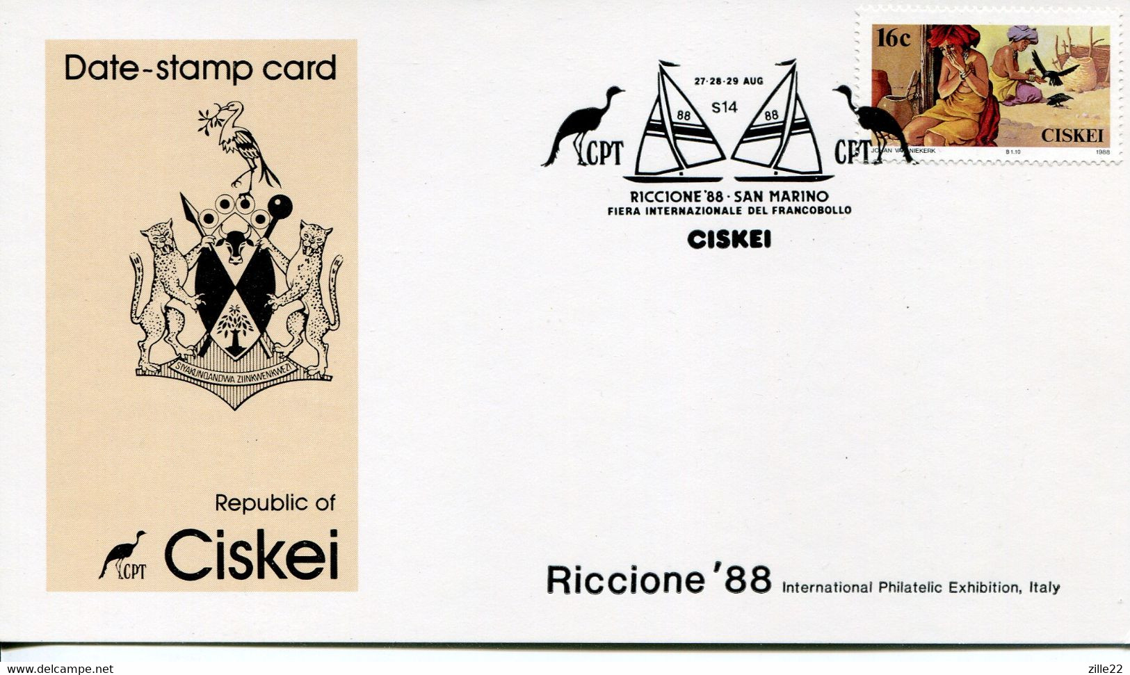 South Africa Ciskei - Date-stamp Card - Stempelkarte - Stylized Bird - Stamp Exhibition, Riccione, Italy, Windsurfing - Ciskei