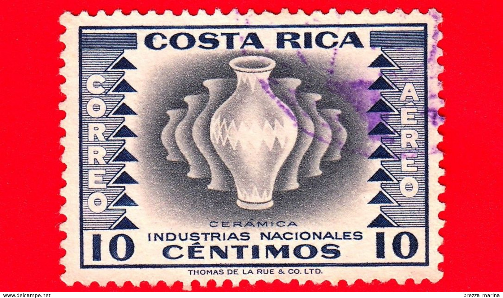 COSTA RICA - Usato - 1954 - Industrie Nazionali - Ceramica - 10 P. Aerea - Costa Rica