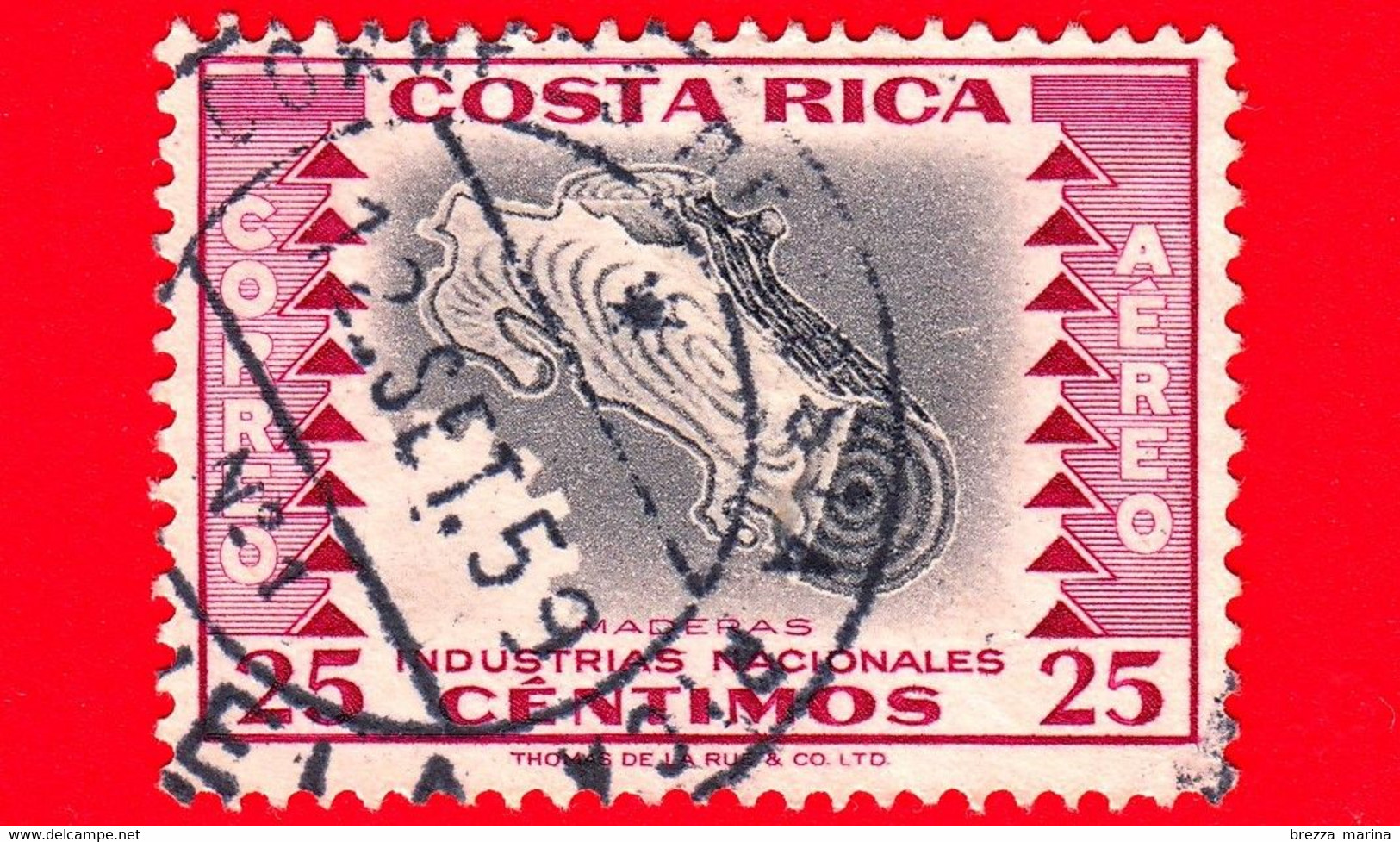 COSTA RICA - Usato - 1954 - Industrie Nazionali - Legno - Maderas - 25 P. Aerea - Costa Rica