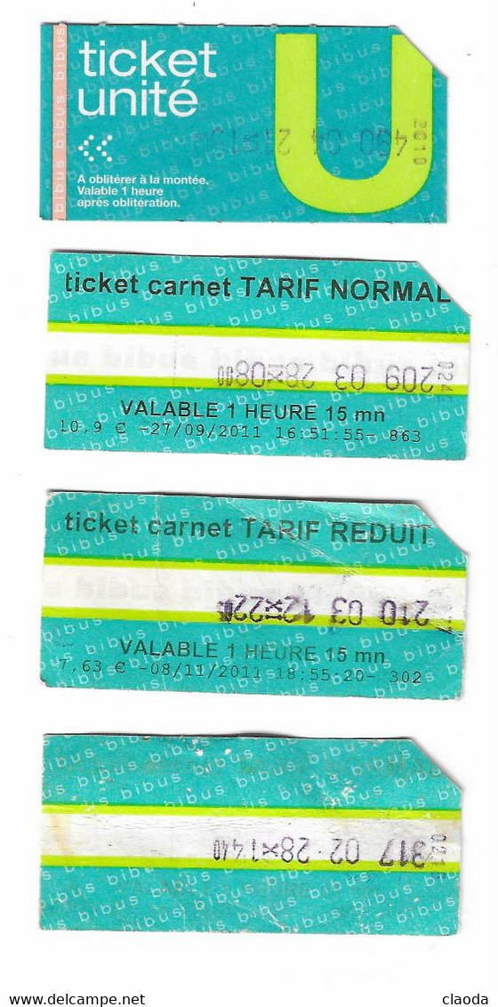 196 T - 4 TICKETS BUS - BREST - BIBUS -TICKET Unité + Ticket Tarif Normal + Tarif Réduit + Ticket Sans Indication - Europa