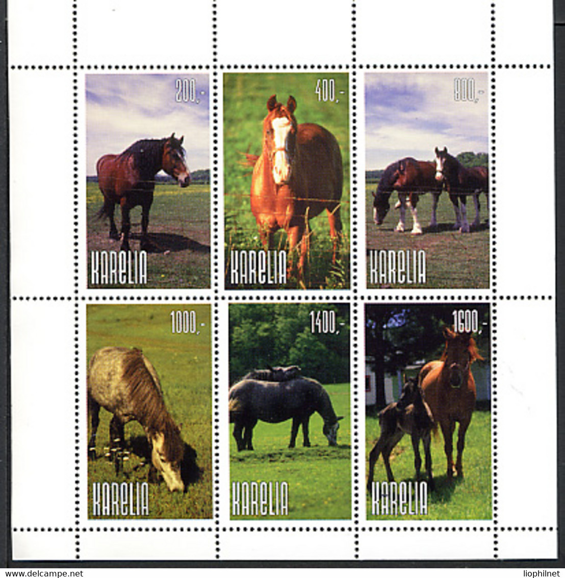 CARELIE KARELIA, CHEVAUX / HORSES, 6 Valeurs Et 1 Bloc, Neufs / Mint. R991/2 - Fantasy Labels