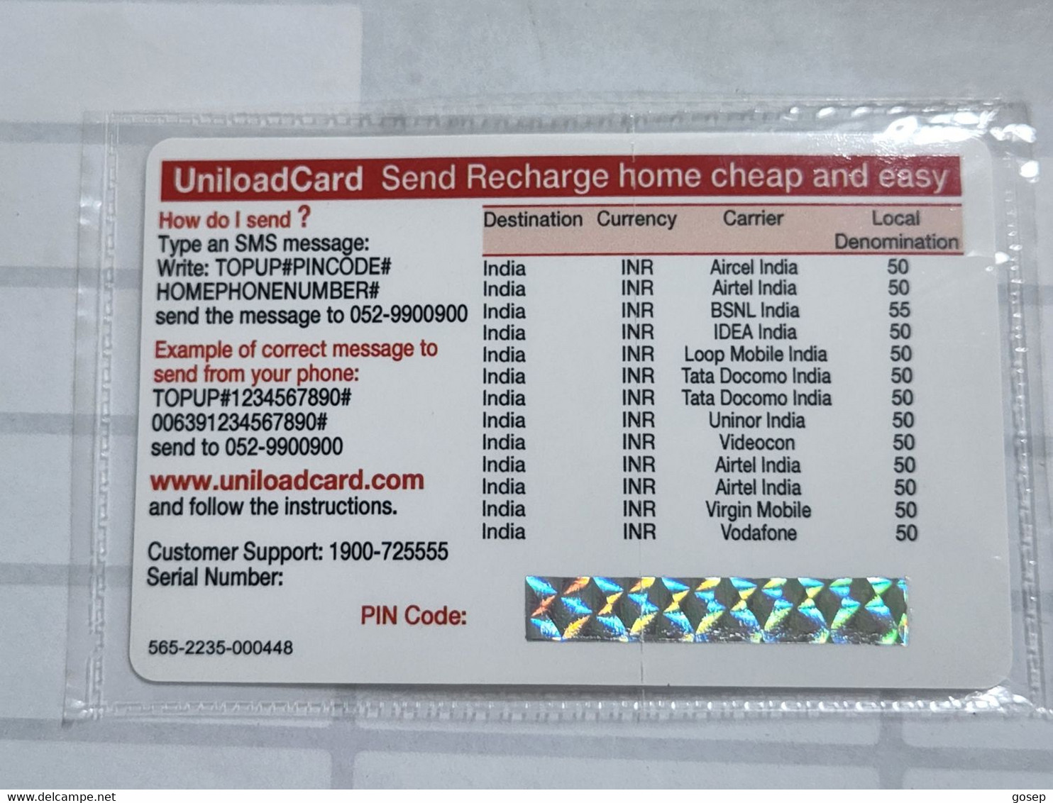 Israel-uniload Card Send Recharge Home Cheap And Easy-50-mint Card+1card Prepiad Free - India