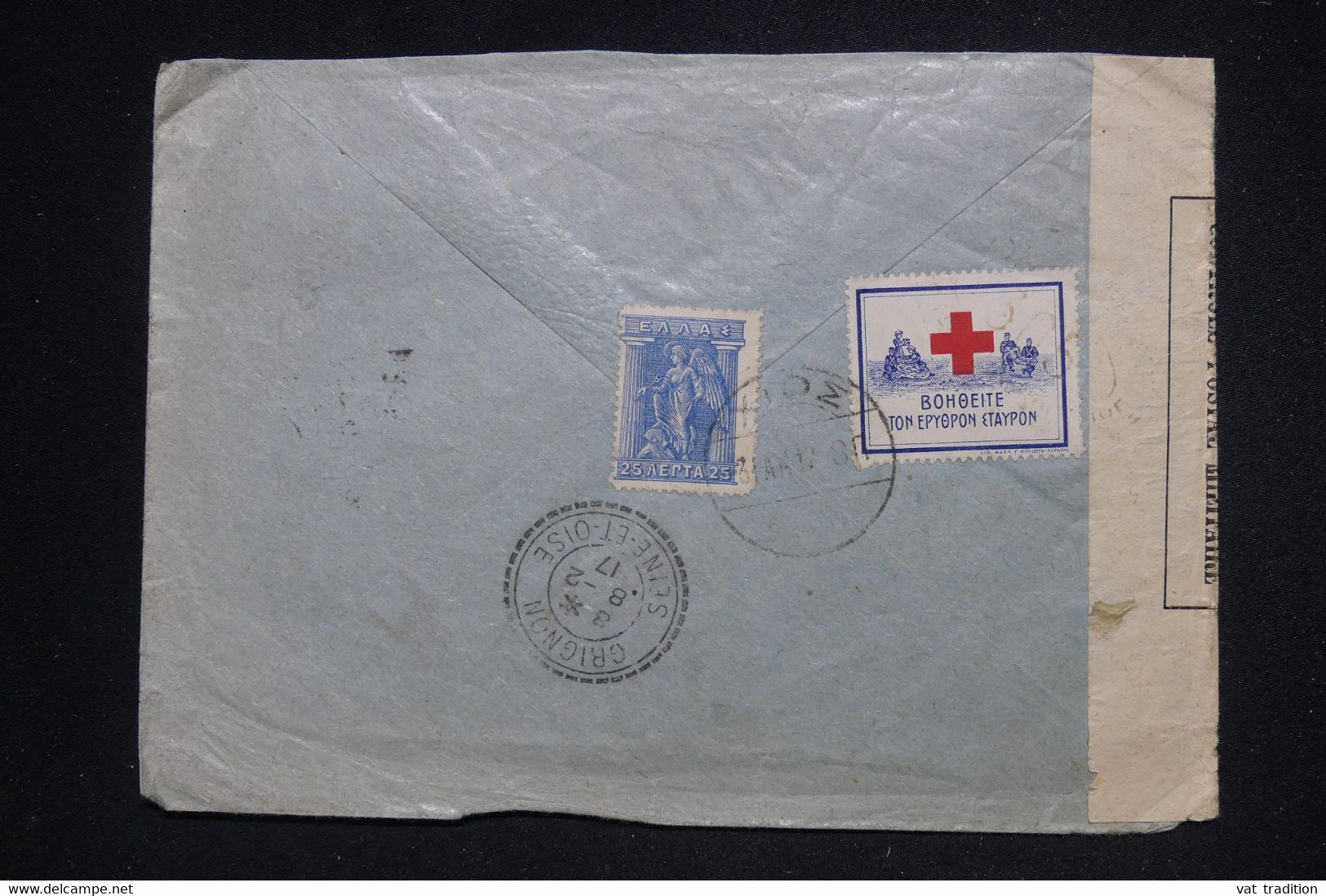 GRECE - Enveloppe Pour La France En 1917 Avec Contrôle Postal, Affranchissement Et Vignette Croix Rouge Au Dos- L 128515 - Brieven En Documenten
