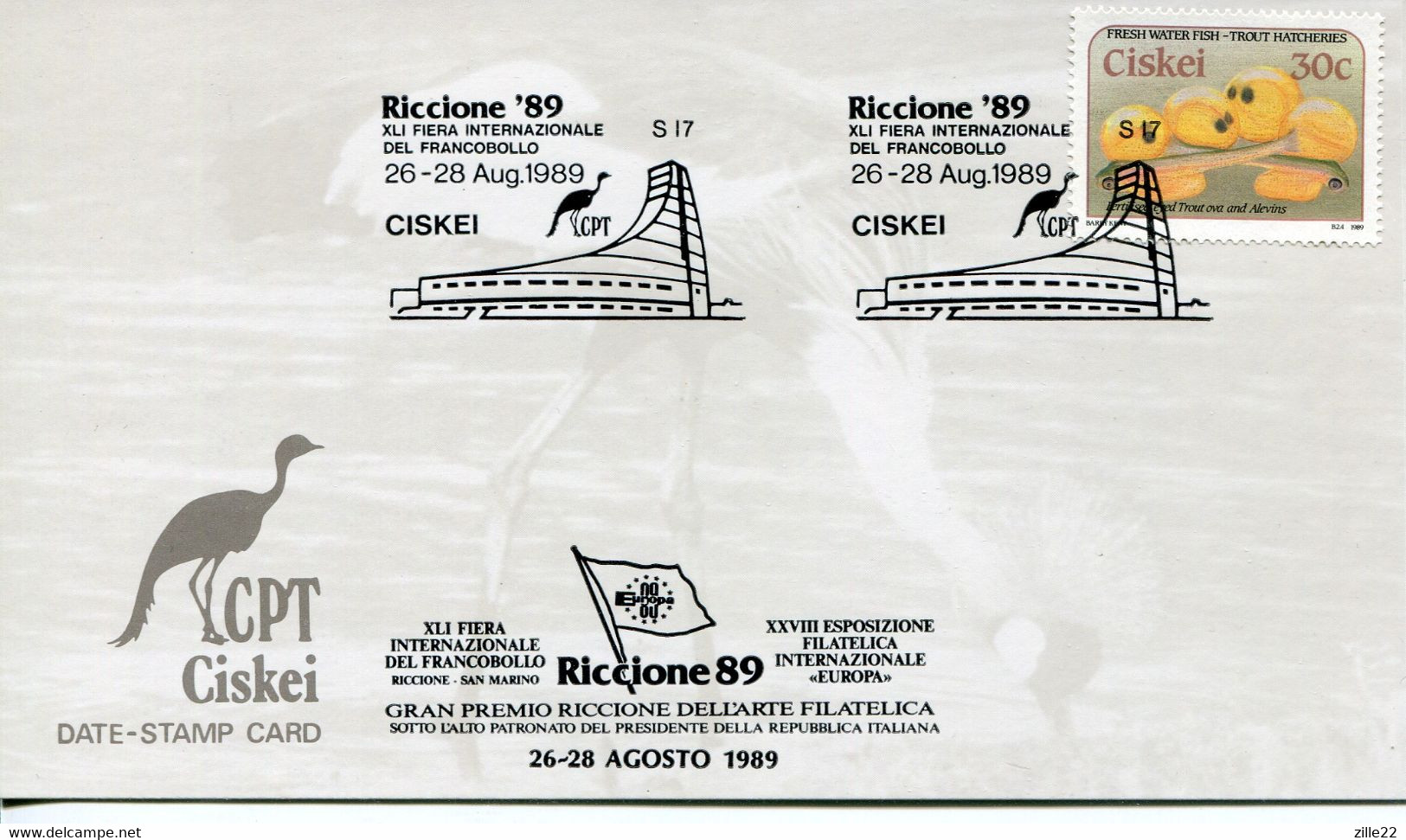 South Africa Ciskei - Date-stamp Card - Stempelkarte - Stylized Bird - Stamp Exhibition, Riccione, Italy, Building - Ciskei