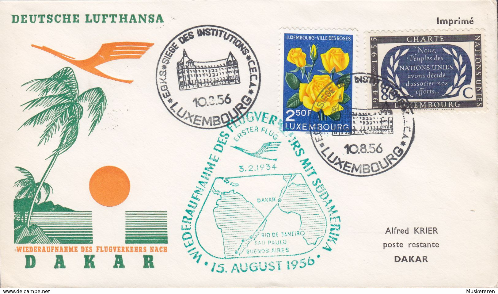 Luxembourg LUFTHANSA Wiederaufnahme Flugverkehrs Mit Südamerika LUXEMBOURG - DAKAR 1956 Cover Lettre Brief - Storia Postale