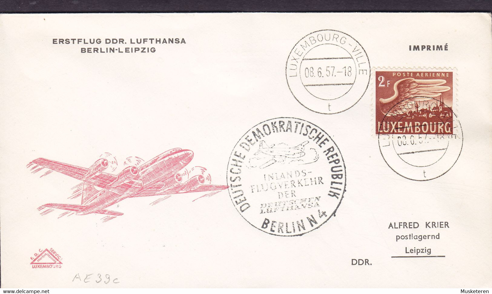 Luxembourg DDR LUFTHANSA Inlands-Flugverkehr First Flight Premiére Vol Postal BERLIN - LEIPZIG 1957 Cover Lettre Brief - Lettres & Documents