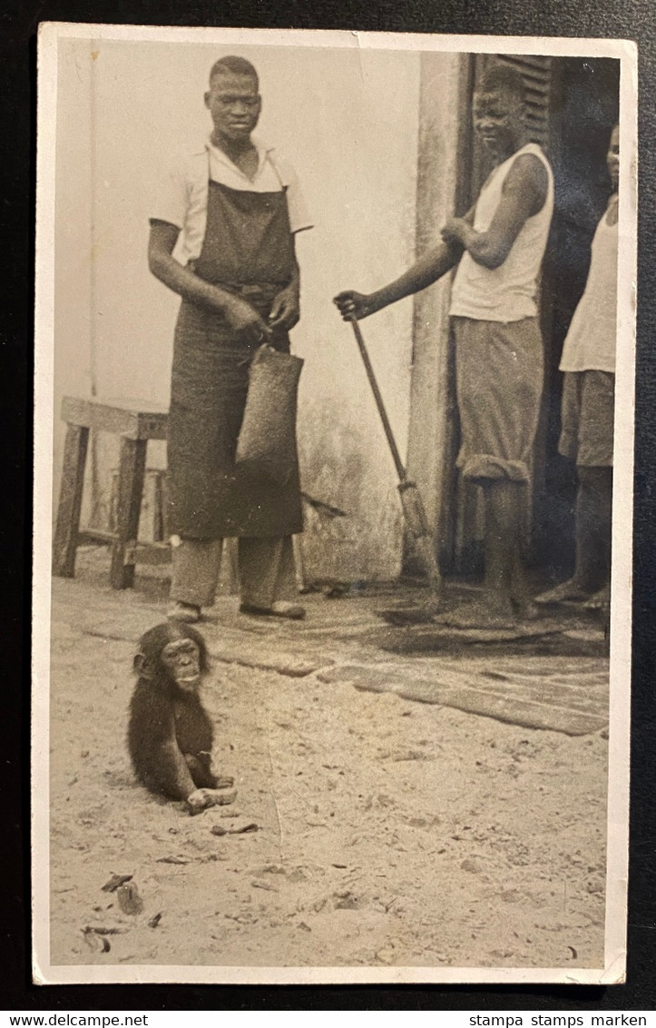 AK Fotografie Uganda Schwarze Arbeiter Mit Jungem Schimpansen Gestempelt/o Daressalaam 1937 - Uganda